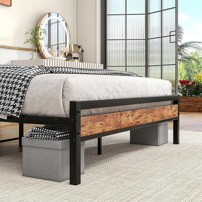 Full Size Bed Frame with Storage Headboard/USB Charging Station,Metal Platform Bed Frame Full Size No Box Spring Needed,Noise-Free,Strong Steel Slats Support,Rustic Brown