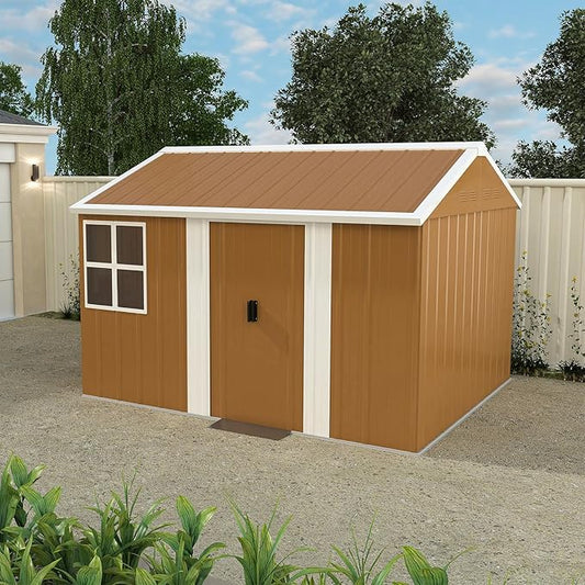 8x10 FT Outdoor Storage Shed, Metal Tool Storage with Updated Frame Structure, Vertical Outside Storage Building, Ventilation, Sloped Roof, Metal Garden Shed for Backyard, Lawn, Patio (8x10 FT)