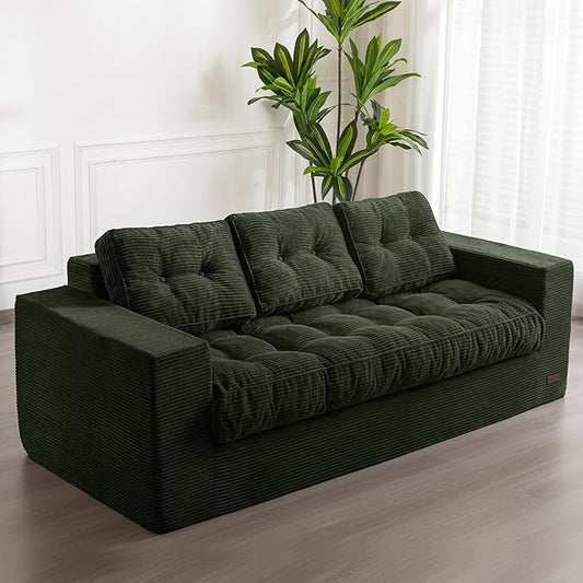MAXYOYO 3 Seater Couch for Living Room, Boneless Couch with Tufted Cushion & Backrest, Upholstered Floor Sofa with Armrests, Sofa in A Box, No Assembly Required, Green