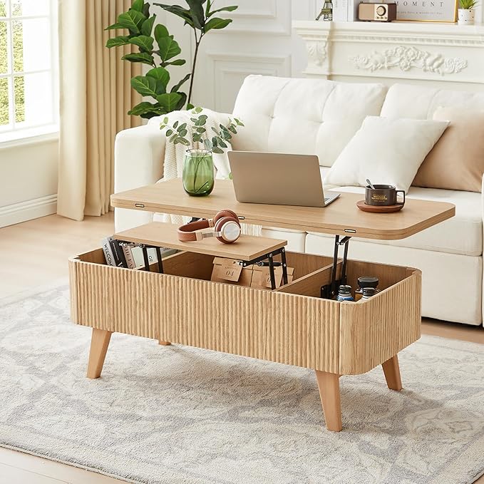 3 in 1 Lift Top Coffee Table, Fluted Convertible Coffee Tables Converts to Dining Tables, Modern Oval Wooden Center Table with Storage for Living Room Office Small Space, Partial Assembly (Natural)