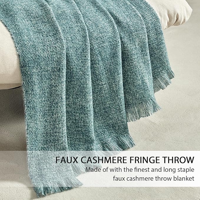 BOURINA Faux Cashmere Fringe Throw Blanket Decorative Lightweight Throw Soft Cozy for Bed or Sofa Outdoor Blanket, 50x70 Inches Teal