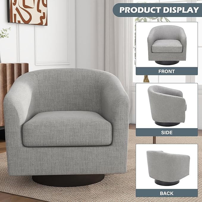 UIXE Swivel Barrel Accent Chair Set of 2, Modern Upholstered Arm Chair in Fabric for Living Room, Round Club Armchair Single Sofa Seating Corner Nook Side Reading Seat - Light Gray