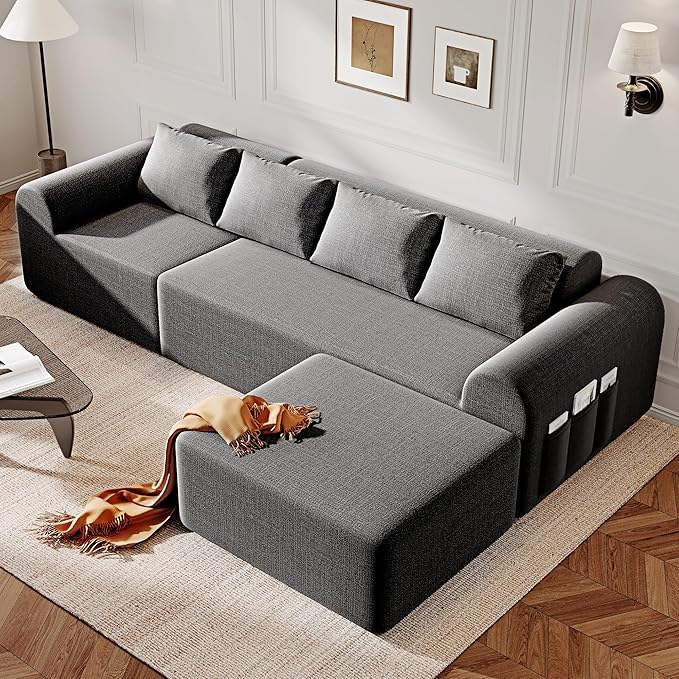 105.5" Cloud Sectional Couch with Ottoman & 4 Pillows, L Shaped Couches Boneless Sofa for Living Room, Chenille Fabric Deep Seat Comfy Couch, No Assembly Required, 72h to Restore