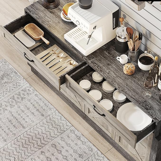 64" Wide Large TV Stand for Bedroom, Entertainment Center with Storage Cabinets Rustic Farmhouse Style TV Console Table with Barn Doors and 2 Drawers