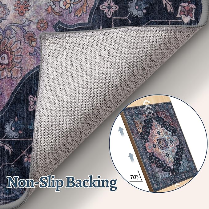 Tangsoo 2.6x8 Washable Runner Rug for Hallways, Non Slip Vintage Runner, Soft Low Pile Long Rug Runner, Print Distressed Navy Carpet Runners for Kitchen Bedroom Entryway Bathroom Living Room