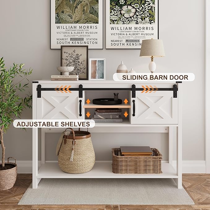 RoyalCraft Console Table with Storage Shelf & Sliding Barn Door, Farmhouse Entryway Table with Storage, 46" Narrow Long Sofa Table, Console Tables for Living Room, Entryway, Foyer