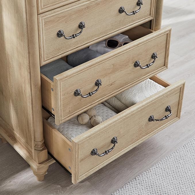 T4TREAM Farmhouse 6 Drawers Dresser Chests for Bedroom w/4 Solid Wood Feet &Column Decor, Tall Wood Rustic Chest of Drawers, Storage Dressers Organizer for Bedroom, Living Room, Nursery, Natural Oak