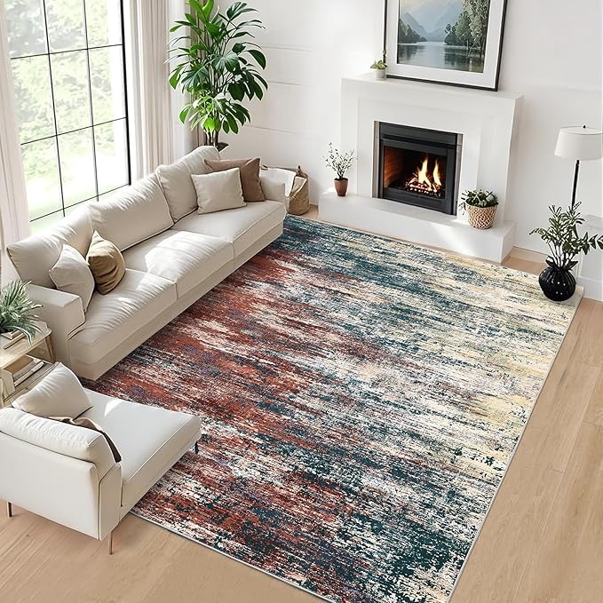 Washable Rug 5x7 Abstract Area Rug for Living Room, Non Slip Foldable Soft Rugs for Bedroom, Stain Resistant Rugs Modern Fuzzy Rug, Indoor Floor Carpet for Entryway Home, Red Multi