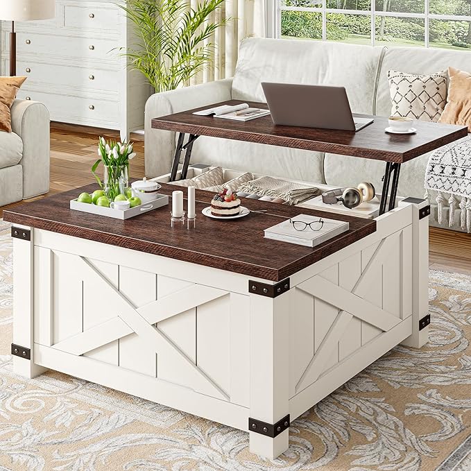 EnHomee Lift Top Coffee Table with Storage, 36" Farmhouse Coffee Tables for Living Room, Square Coffee Table with Large Hidden Space, for Living Room, Bedroom, Home Office, White