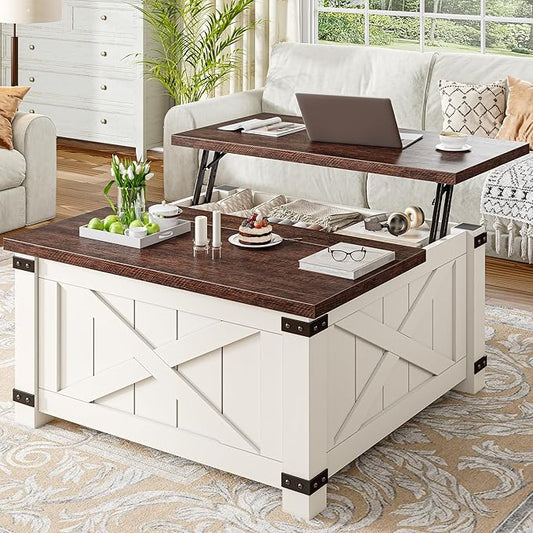 EnHomee Lift Top Coffee Table with Storage, 36" Farmhouse Coffee Tables for Living Room, Square Coffee Table with Large Hidden Space, for Living Room, Bedroom, Home Office, White