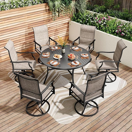 PHI VILLA 7 Piece Outdoor Patio Dining Set with 6 Padded High Back Patio Swivel Chairs & 1 Large 54" Round Dining Table, All Weather Patio Table and Chairs for Lawn Deck Garden