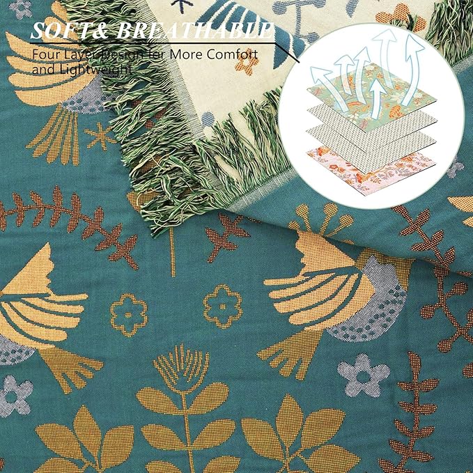 Boho Throw Blanket for Bed-100% Cotton Soft Breathable Farmhouse Decor Boho Quilt for Sofa Bed (Green Floral Bird, 90"x98")