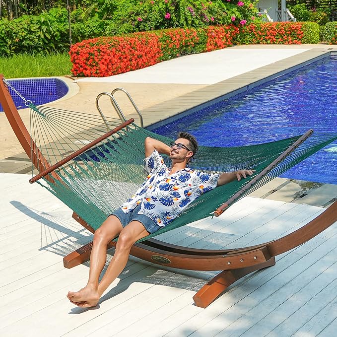 Lazy Daze Hammocks 10.5 FT Double 2 Person Caribbean Rope Hammock, Hand Woven Polyester Hammock with Spreader Bars, for Outside Outdoor Backyard Patio Poolside,450 LBS Capacity, Green