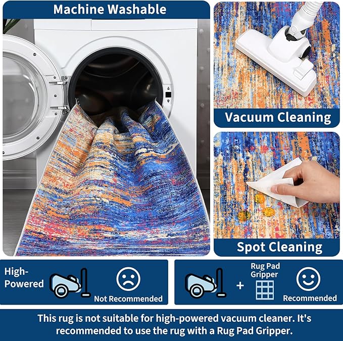 Washable Runner Rug 2x6 Modern Abstract Kitchen Rugs, Non Slip Bathroom Rug, Low Pile Laundry Room Soft Long Carpet for Hallway Bedroom Entryway, Blue/Orange