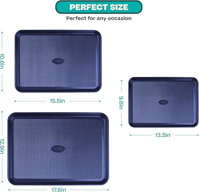 Baker's Secret Baking Sheets Non Stick, 3x Cookie Sheets for Oven, Diamond Texture Premium Air Flow, Set of 3 Baking Trays, Extra Thick 0.6mm with Diamond Base PFOA, PFOS, PTFE and PFAS free Bakeware