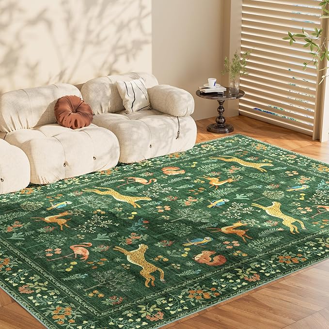 DUKINO 8x10 Rug, Washable Animal Living Room Rug with Non Slip Vintage Design, Soft Low Pile Large Carpet for Bedroom, Nursery, Dining Room, Farmhouse, Playroom, Green