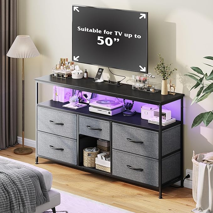 TV Stand Dresser with LED Lights & Power Outlets, Entertainment Center for 50" Inch TV, 5 Drawers TV Stand for Bedroom Dresser with Shelves for Living Room, Sturdy Metal Frame, Grey