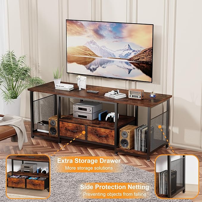 TV Stand with Drawers and Open Storage Shelves for 75 70 65 Inch TV, Entertainment Center with Open Storage Shelves, Industrial Media TV Console Table for Living Room Bedroom Office, Rustic Brown