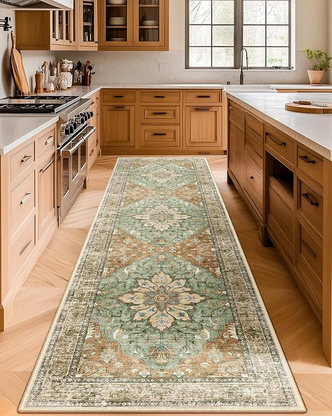 Area Rugs 2'x8' Washable Non-Slip, Floral Vintage Distress Print Pattern Medallion Carpet for Living Room Bedroom Dining Room, Brick Red Rust Neutral Brown Burnt Orange Green