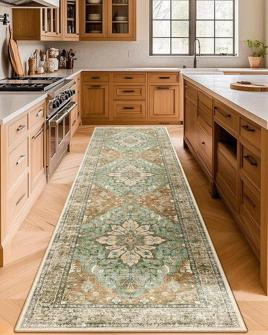 Area Rugs 2'x8' Washable Non-Slip, Floral Vintage Distress Print Pattern Medallion Carpet for Living Room Bedroom Dining Room, Brick Red Rust Neutral Brown Burnt Orange Green