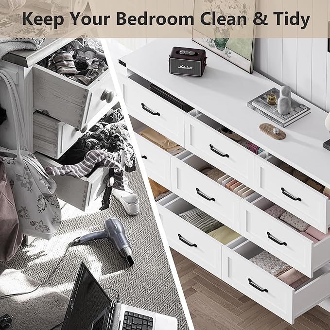 White Dresser for Bedroom, 59'' Wide Wooden Chest of Drawers with Natural Wood Texture, 9 Drawer Dresser for Closet with Metal Handles, Sleek Storage Solution for Living Room, Office, Hallway