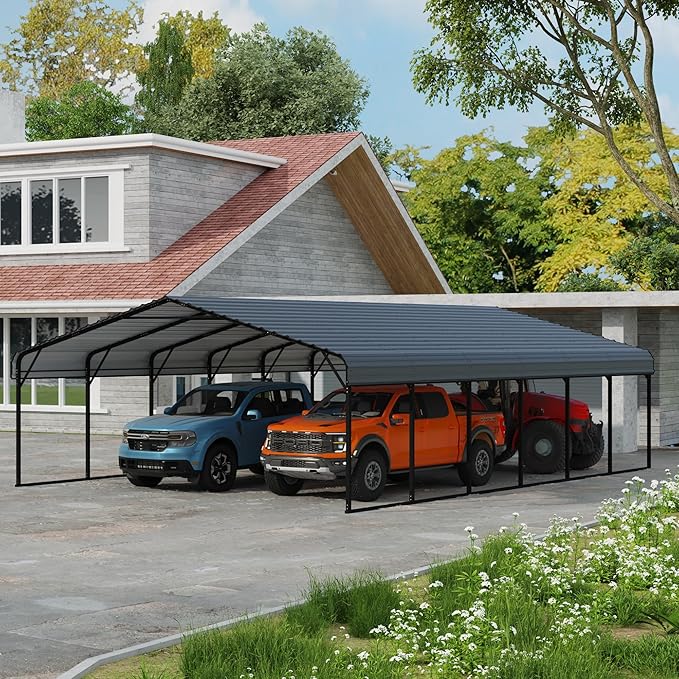 YOLENY Carport 20x30 FT, Heavy Duty Car Port for Garage, Car Shelter with Galvanized Metal Roof and Frame, Easy to Install Outdoor Car Canopy, Expanding Garage Space for Pickup, 2 Cars,Tractors, Gray