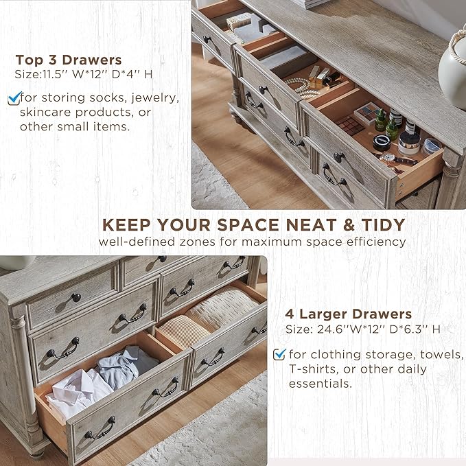 T4TREAM Farmhouse 7 Drawers Dresser Chests for Bedroom w/ 4 Column Solid Wood Feet, Tall Wide Wood Country Rustic Chest of Drawers, Storage Dressers for Bedroom, Living Room, Light Rustic Oak