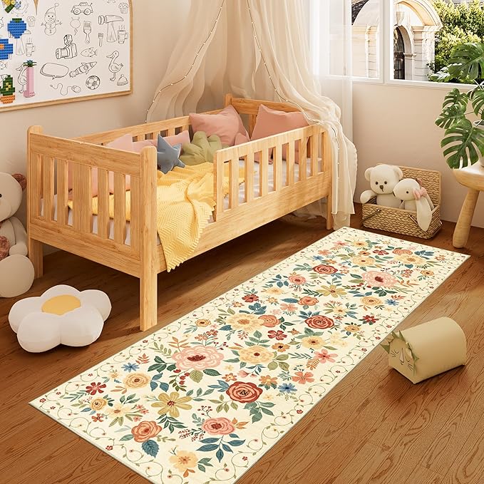 DUKINO Runner Rug, 2x10 Kitchen Hallway Carpet, Washable with Non-Slip Backing, Low Pile Soft Boho Floral for Entryway, Laundry, Bedroom, Beige Yellow