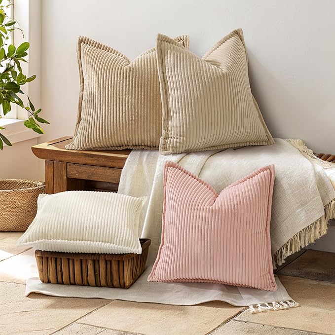 decorUhome Corduroy Pink Throw Pillow Covers 26x26 Set of 2 Decorative Soft Boho Striped Neutral Euro Farmhouse Couch Pillow Covers with Broadside for Living Room Bed Sofa