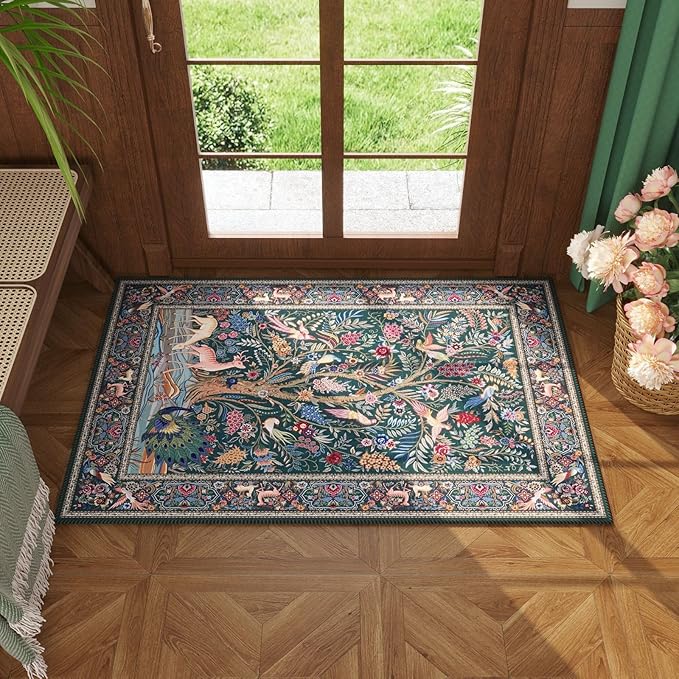 Indoor Door Mat 2x3 Rug Vibrant Tree of Life-Patterned Vintage Machine Washable Small Area Rug Non-Slip Low Pile Throw Rugs for Entryway Kitchen Front Door Entrance Entry Kids Room, Green