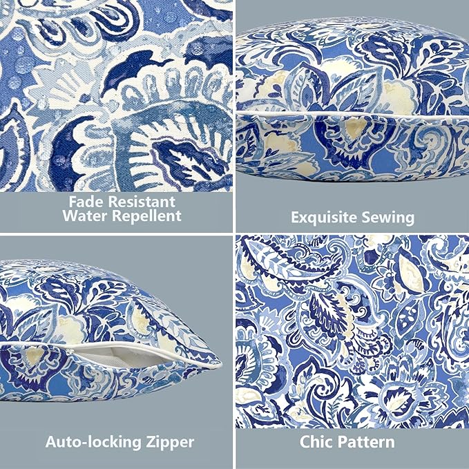 LVTXIII Outdoor Lumbar Pillow Covers 12"x20", Covers ONLY, 2 Pack 30x50cm Lumbar Cushion Cover with White Piping for Home Patio Garden Sofa Bench, Floral Bluish Violet