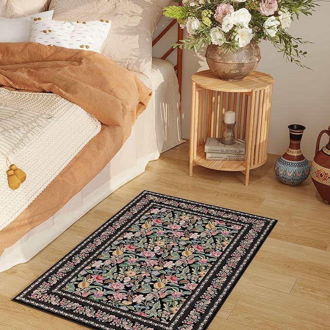 Door Mat Indoor Entrance 2x3 Rug Machine Washable Vintage Floral Small Area Rug Non-Slip Low Pile Throw Rugs for Entryway, Kitchen, Front Door Indoor Entrance, Entry, Kids Room, Black