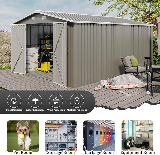 10x14 FT Outdoor Storage Shed, Large Metal Garden Shed with Side Door, Outside Tool Sheds with 3 Lockable Hinged Doors, Waterproof Storage Building with 4 Air Vents for Backyard, Patio, Light Gray