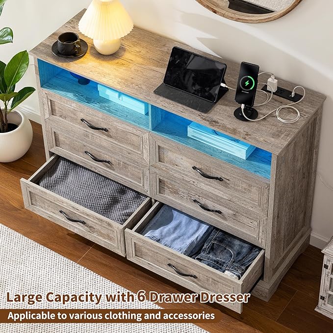 Dressers for Bedroom,6 Drawers Dresser with LED Light,Power Outlets and Open Shelves,Chests of Drawers for 65 inch TV, for Hallway, Entryway, Light Rustic Oak