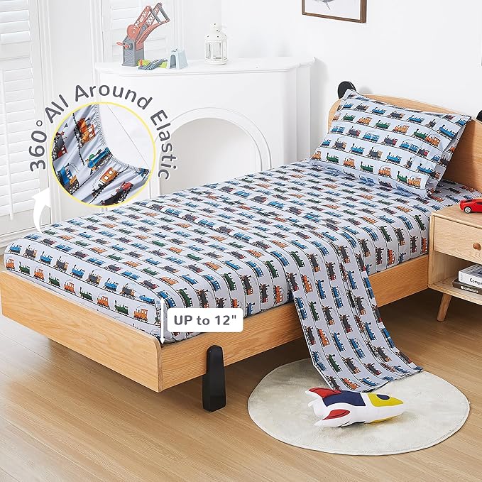 Viviland 4 Pieces Boys Grey Full Sheet Set - Soft Microfiber Fitted Flat Sheets & Pillowcases - Retro Train Print Bedding Sets- for Kids & Toddlers