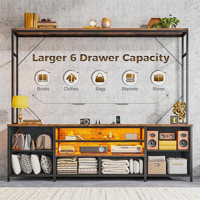 TV Stand for 55 60 inch TV, Large Wall Unit Entertainment Center with LED Lights & Power Outlets, TV Stands for Living Room, Closet, Entryway,13.8" D x 55" W x 61" H, Rustic Brown