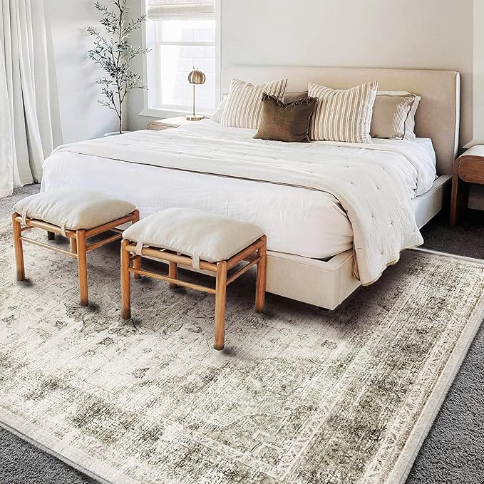 Washable Area Rug 10'x14' Floral Khaki Boho Design Non-Shedding Easy Care Ideal for High Traffic Areas in Living Room Bedroom Office Coffee Table Kitchen Large Carpet