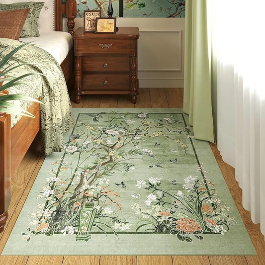 3x5 Washable Rug Chinoiserie-Style Floral Vintage Area Rug Non Slip Low Pile Small Carpet for Bedroom, Bedside, Kitchen, Entryway, Kids Room, Office, Green