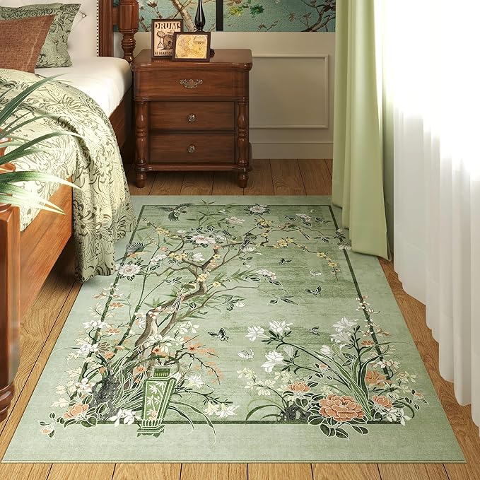 4x6 Rug Chinoiserie-Style Floral Vintage Washable Area Rugs Non Slip Low Pile Small Carpet for Bedroom, Bedside, Kids Room, Office, Dining Room, Green