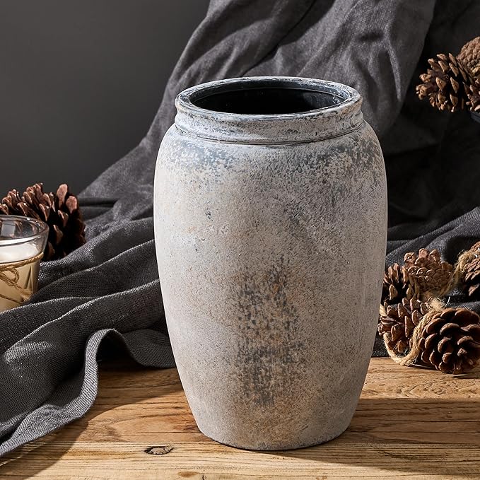 8.2 Inch Ceramic Vase, Terracotta Rustic Vase Farmhouse Decorative Vase Boho Decor, Ceramic Vases for Home Decor, Living Room, Entryway, Floor, Holiday Wedding Christmas New Year Gifts - Gray