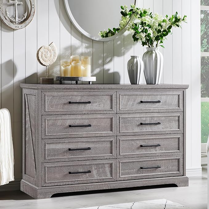 Farmhouse 8 Drawers Dresser Chests for Bedroom,52" Wide Wood Rustic Chest of Drawers with Metal Handle,Natural Texture,Drawer Organizer for Bedroom,Living Room,Hallway and Entryway,Grey