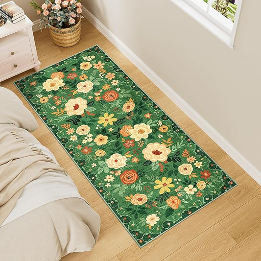DUKINO 2x5 Runner Rug for Hallway, Washable Kitchen Floral Runner Rug with Non Slip Backing, Low Pile Soft Boho Carpet for Kitchen, Hallway, Entryway, Laundry, Bedroom, Dark Green