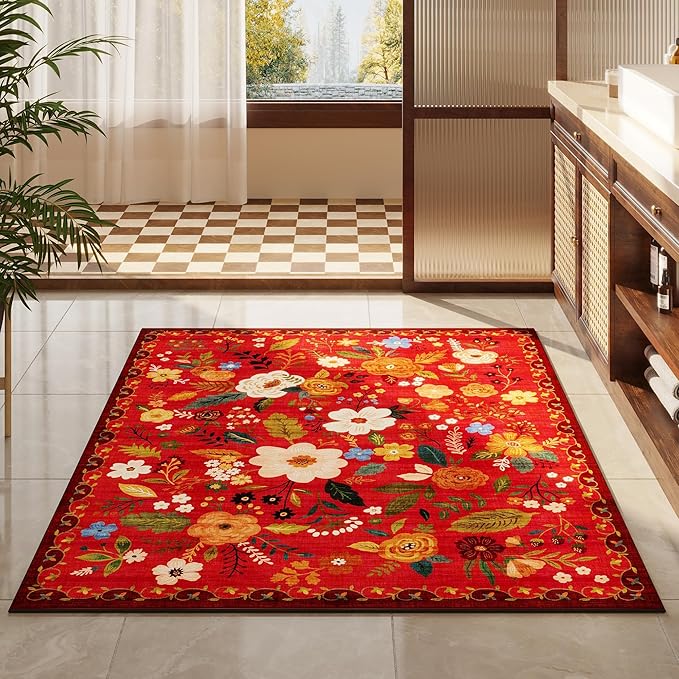 Area Rug 4x6 Rug Washable Boho Rugs Non Slip Low Pile Floral Small Carpet for Bedroom, Bedside, Kids Room, Office, Dining Room(Red)