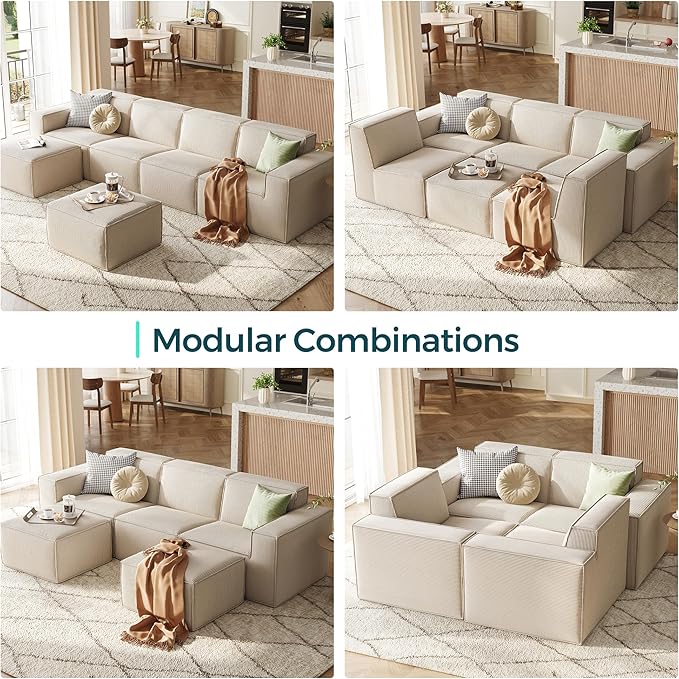 LINSY HOME Modular Sectional Sofa, 134" Boneless Couch U Shaped 4-Seat Sofa with 2 Movable Ottomans, Corduroy Sectional Cloud Couches for Living Room, No Assembly Required, Beige