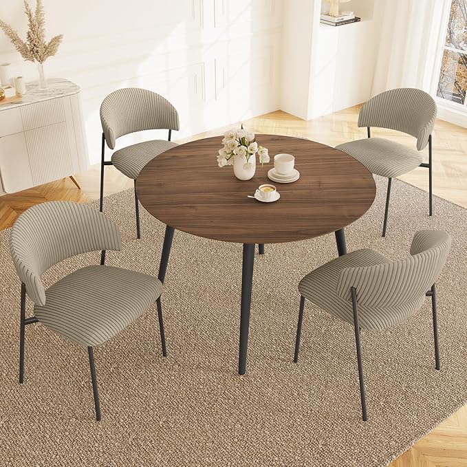43.3 Inch Round Dining Table Set for 4, Modern Small Kitchen Coffee Set for Dining Room Kitchen Apartment (Walnut Table + 4 Grey Shell Chairs)