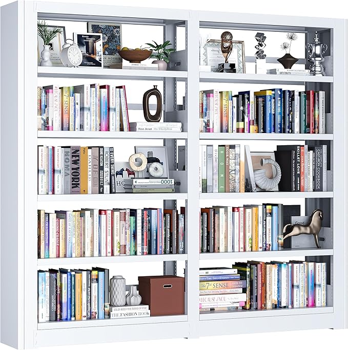 Heavy Duty 5-Tier Metal Bookshelf, Industrial Wide Book Shelf with Adjustable Shelves, 280lbs Shelf Capacity, Large Office Bookcase, Display Book Organizer for Living Room Bedroom Library -2Pcs, White