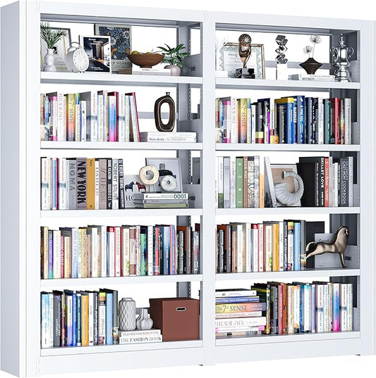 Heavy Duty 5-Tier Metal Bookshelf, Industrial Wide Book Shelf with Adjustable Shelves, 280lbs Shelf Capacity, Large Office Bookcase, Display Book Organizer for Living Room Bedroom Library -2Pcs, White