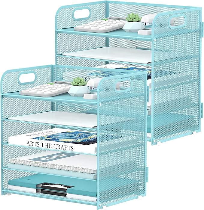 2 Pack 5-Tier Blue Desk Organizer with Handle Mesh Desk File/Paper Organizer Letter Tray for Office, School and Home Easy Installation