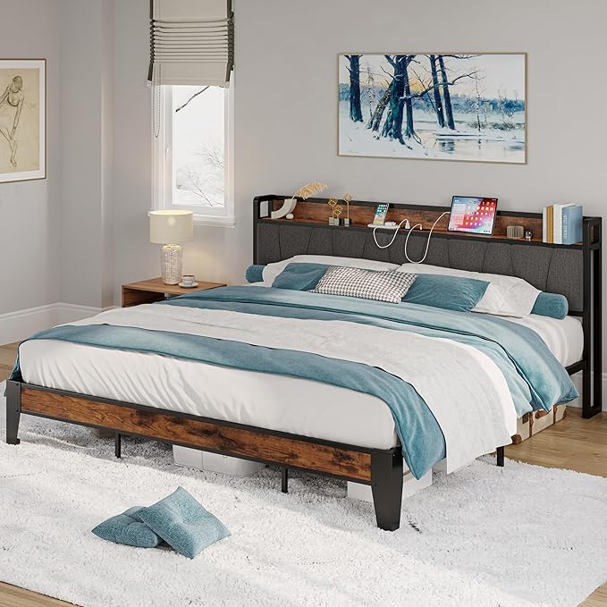 LIKIMIO California King Bed Frames, Storage Headboard with Charging Station, Solid and Stable, Noise Free, No Box Spring Needed, Easy Assembly