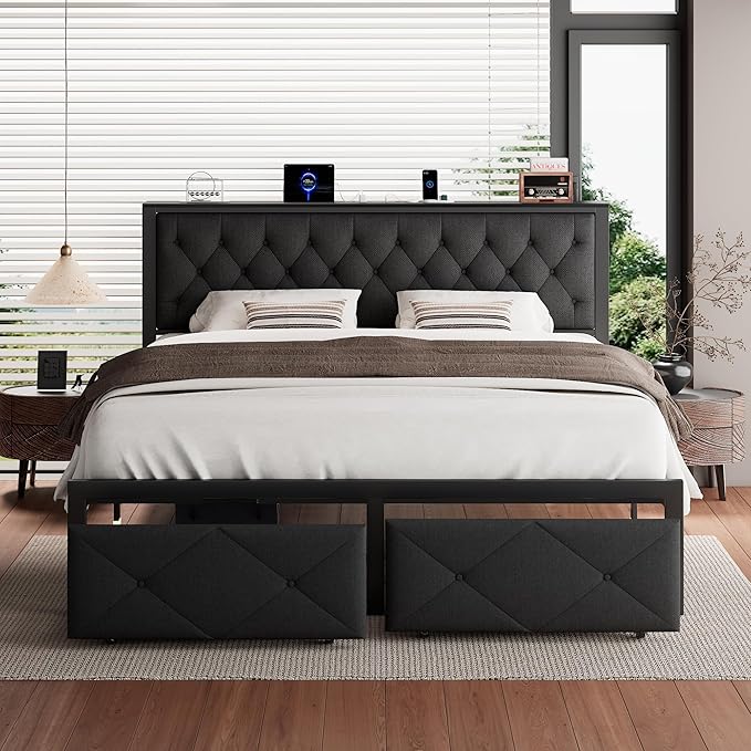 iPormis King Bed Frame with 2 Storage Drawers, Linen Upholstered Headboard Platform Bed with Charging Station, No Box Spring Needed, Metal Slats Support, Noise-Free, Easy Assembly, Black